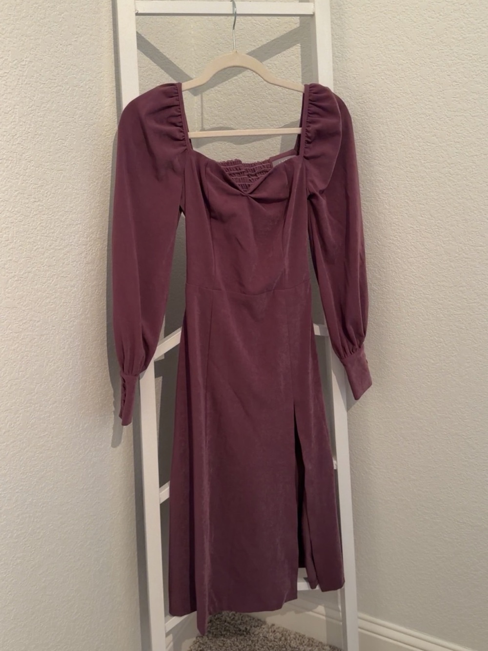 Long-Sleeve Dusty Mauve Midi Dress with Square Neck